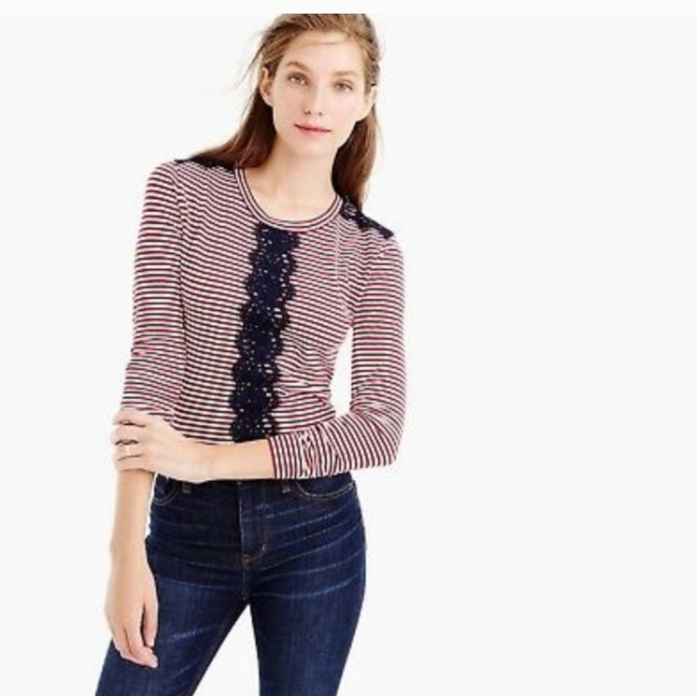 J. Crew Red and White Striped Blue Lace Cotton Long Sleeve Top